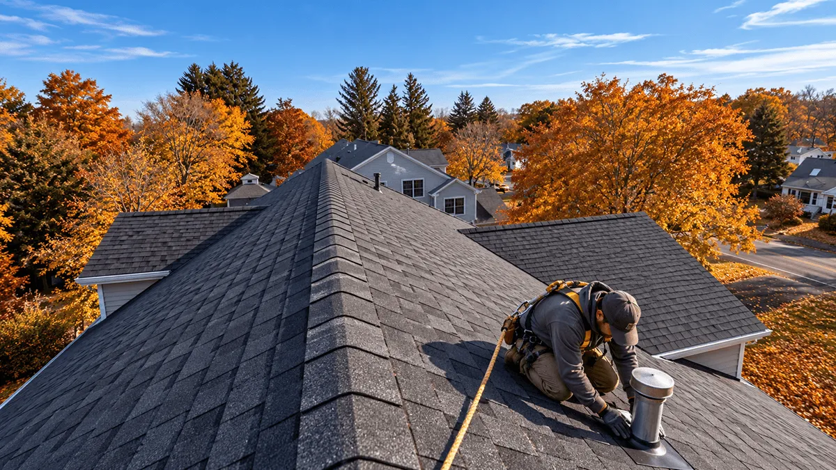 Roofer completing flashing roof repair in Winchester before winter weather arrives