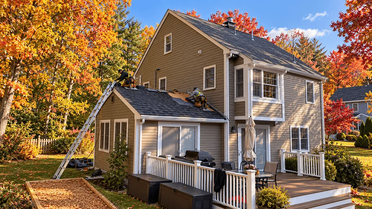 Crew completing a roof replacement in Chelmsford during a fall afternoon with foliage visible