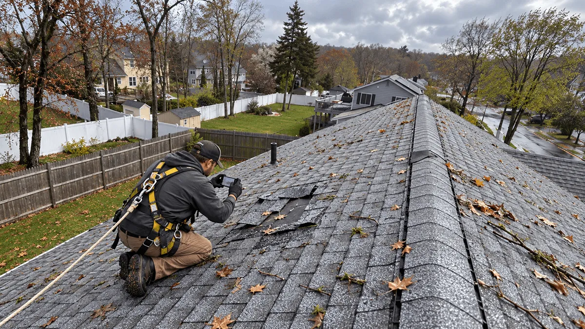 Roofer documenting nor'easter roof damage in Wakefield after a coastal storm