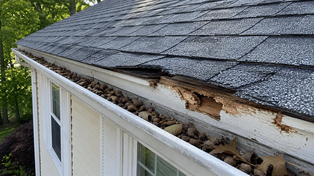 squirrel damage to roof in South Hamilton, MA, chewed fascia and acorn debris in a gutter