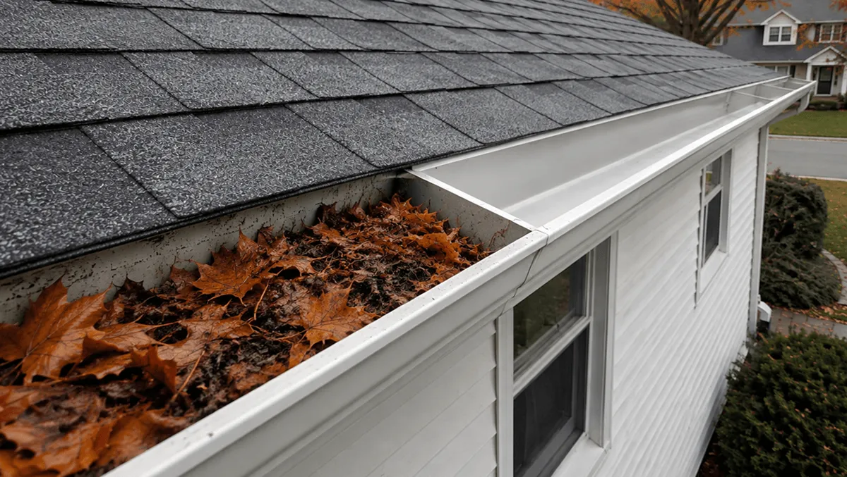fall gutter cleaning checklist in Topsfield, MA, before and after photo of a cleaned gutter section