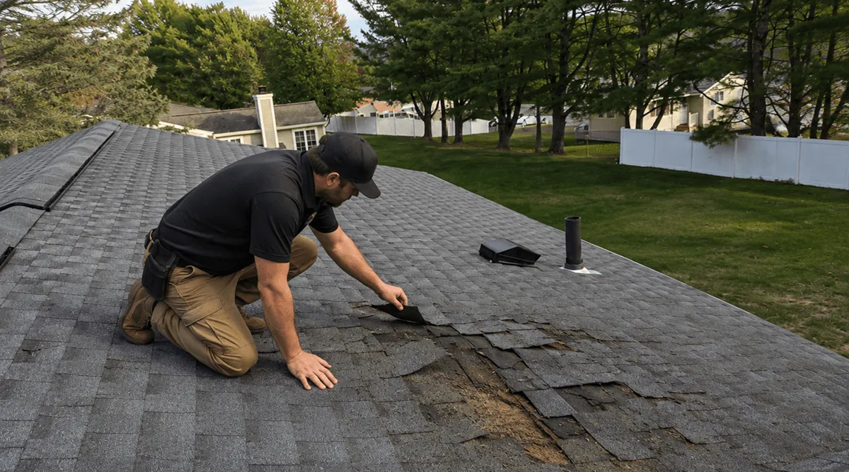 roof inspection for insurance in Winchester, MA, showing a roofer doing an inspection of damage from summer storm