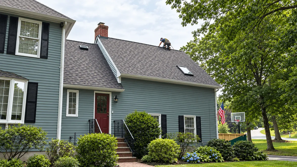 GAF Master Elite roofer in Reading inspecting a finished shingle roof installation
